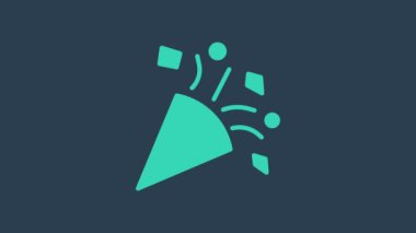 Mavi arka planda turkuaz şenlik konfeti ikonu izole edildi. 4K Video hareketli grafik canlandırması