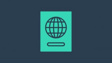 Mavi arka planda biyometrik veri simgesine sahip turkuaz pasaport. Kimlik Belgesi. 4K Video hareketli grafik canlandırması