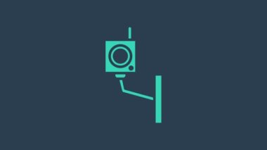 Turkuaz güvenlik kamerası simgesi mavi arkaplanda izole edildi. 4K Video hareketli grafik canlandırması