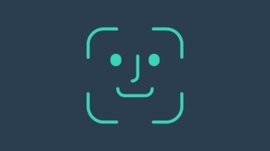 Mavi arkaplanda turkuaz yüz tanıma simgesi izole edildi. Yüz tanımlama simgesi. Yüz tanıma. Siber güvenlik kavramı. 4K Video hareketli grafik canlandırması