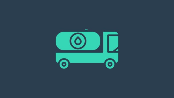 Ікона вантажівки з бірюзовим паливом ізольована на синьому фоні. Танкер з бензином. 4K Відеографічна анімація — стокове відео