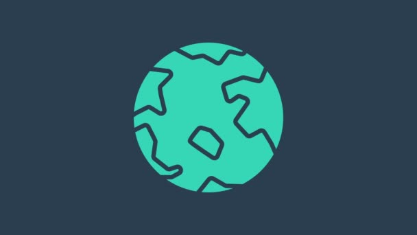 Turkos världsomspännande ikon isolerad på blå bakgrund. Fäst dig vid jorden. 4K Video motion grafisk animation — Stockvideo