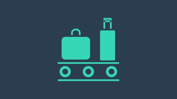 Turkuaz havaalanı taşıyıcı bandı, mavi arka planda izole edilmiş bavul, çanta, bagaj ikonu. 4K Video hareketli grafik canlandırması — Stok video