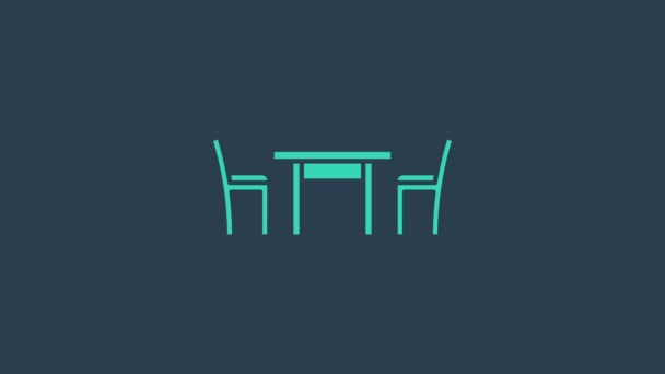 Turkusowy drewniany stół z ikoną krzesła na niebieskim tle. 4K Animacja graficzna ruchu wideo — Wideo stockowe