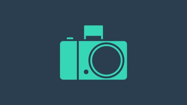 Turquoise Photo camera icon isolated on blue background. Foto camera icon. 4K Video motion graphic animation — Stock Video