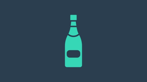 Turquoise Champagne bottle icon isolated on blue background. 4K Video motion graphic animation — Stock Video