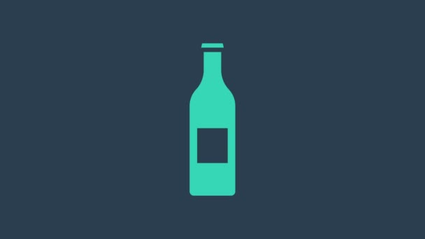 Icono de la botella de cerveza turquesa aislado sobre fondo azul. Animación gráfica de vídeo 4K — Vídeo de stock