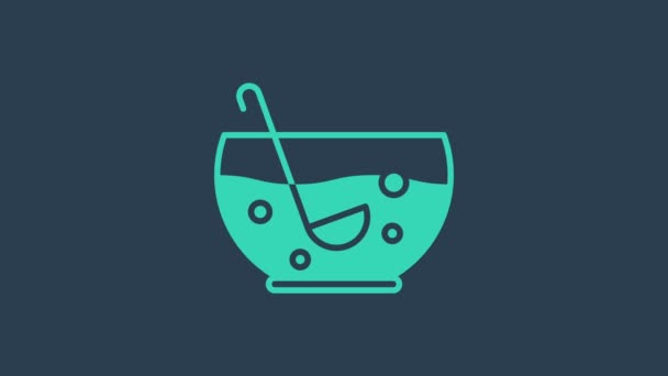 Turquesa Punch mixto con frutas frescas en el icono del tazón aislado sobre fondo azul. Animación gráfica de vídeo 4K — Vídeos de Stock