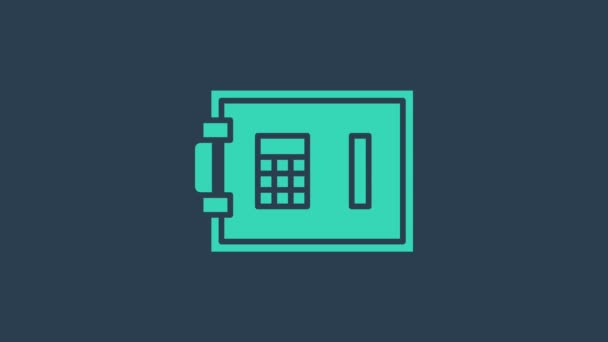 Turquoise Safe icon isolated on blue background. The door safe a bank vault with a combination lock. Reliable Data Protection. 4K Video motion graphic animation — Stock Video