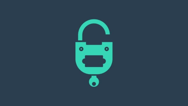Turkoois Lock en sleutel pictogram geïsoleerd op blauwe achtergrond. Hangslotteken. Beveiliging, veiligheid, bescherming, privacy concept. 4K Video motion grafische animatie — Stockvideo