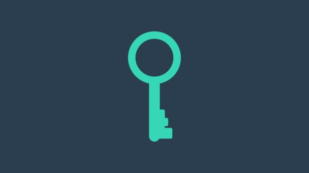Бирюзовый значок старого ключа выделен на синем фоне. Видеографическая анимация 4K — стоковое видео
