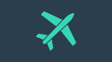 Turkuaz Uçak simgesi mavi arkaplanda izole edildi. Uçan uçak ikonu. Uçak tabelası. 4K Video hareketli grafik canlandırması