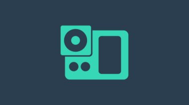 Mavi arkaplanda turkuaz fotoğraf makinesi simgesi izole edildi. Fotoğraf makinesi simgesi. 4K Video hareketli grafik canlandırması