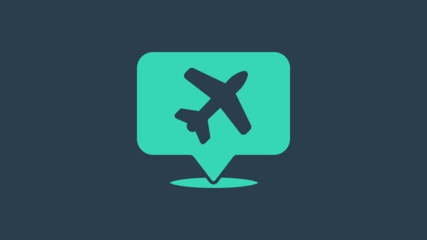Τυρκουάζ Ομιλία φούσκα με αεροπλάνο ταξίδια εικονίδιο απομονώνονται σε μπλε φόντο. Πινακίδα αερομεταφοράς. Σύμβολο διακοπών. 4K Γραφική κίνηση κίνησης βίντεο — Αρχείο Βίντεο