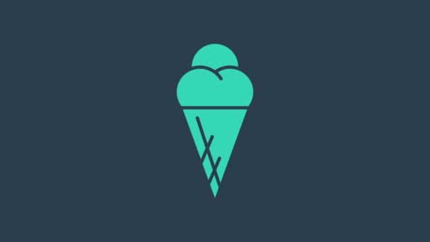 青い背景に隔離されたワッフルコーンアイコンのターコイズアイスクリーム。甘いシンボルだ。4Kビデオモーショングラフィックアニメーション — ストック動画