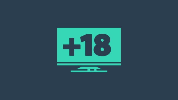 Turkusowy monitor komputerowy z ikoną 18 plus odizolowaną na niebieskim tle. Symbol ograniczenia wieku. Znak zawartości seksualnej. Kanał dla dorosłych. 4K Animacja graficzna ruchu wideo — Wideo stockowe