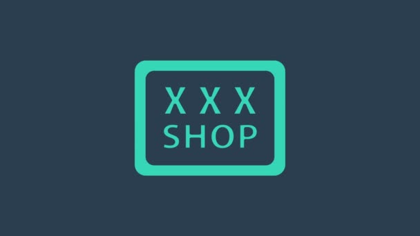 Turquesa Icono de la tienda de sexo aislado sobre fondo azul. Tienda de sexo, tienda de sexo en línea, concepto de productos eróticos para adultos. Animación gráfica de vídeo 4K — Vídeo de stock