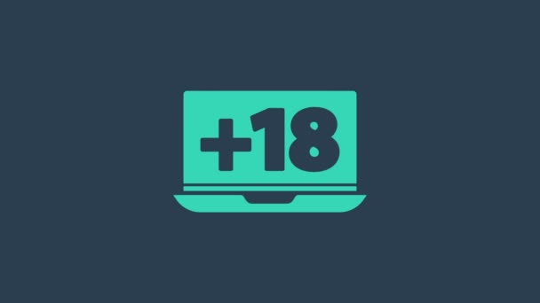 Türkisfarbener Laptop mit 18 plus Inhaltssymbol isoliert auf blauem Hintergrund. Symbol für Altersbeschränkung. Erwachsenensender. 4K Video Motion Grafik Animation — Stockvideo