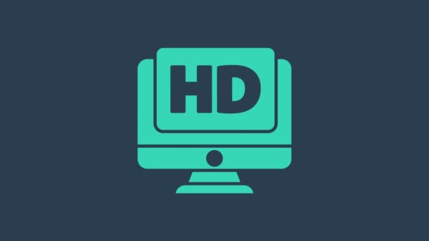 Türkisfarbenes PC-Monitordisplay mit HD-Videotechnologie-Symbol isoliert auf blauem Hintergrund. 4K Video Motion Grafik Animation — Stockvideo