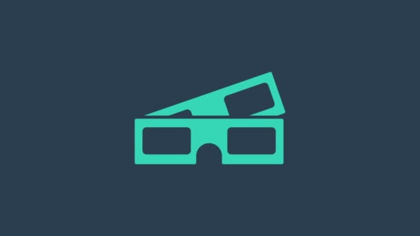 Turkusowe okulary kina 3D ikona izolowane na niebieskim tle. 4K Animacja graficzna ruchu wideo — Wideo stockowe
