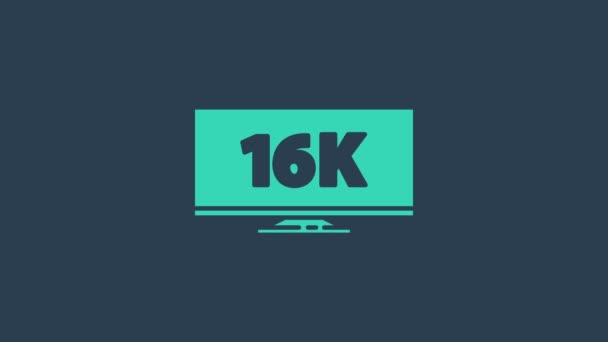 Телевизор с бирюзовым экраном и значком технологии видео 16k Ultra HD на синем фоне. Видеографическая анимация 4K — стоковое видео