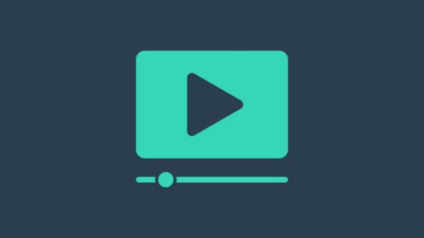 绿松石在线播放视频图标孤立的蓝色背景.带有播放标志的电影胶片。4K视频运动图形动画 — 图库视频影像