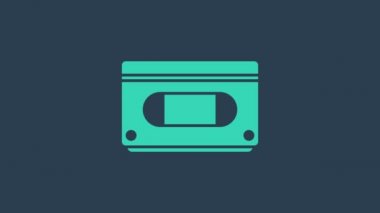 Turkuaz VHS video kaset ikonu mavi arkaplanda izole edildi. 4K Video hareketli grafik canlandırması