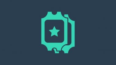 Turkuaz sinema bileti ikonu mavi arka planda izole edildi. 4K Video hareketli grafik canlandırması