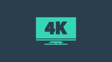 Mavi arkaplanda 4k Ultra HD video teknolojisi ikonu bulunan turkuaz ekran televizyon. 4K Video hareketli grafik canlandırması