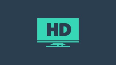 Mavi arkaplanda HD video teknolojisi ikonu bulunan turkuaz akıllı ekran. 4K Video hareketli grafik canlandırması
