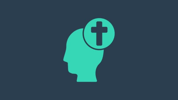 Tyrkysová lidská hlava s ikonou křesťanského kříže izolovaná na modrém pozadí. Grafická animace pohybu videa 4K — Stock video