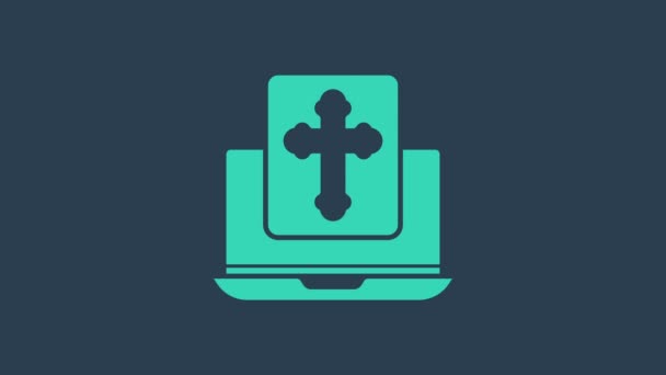 Turquoise Cross on the laptop screen icon isolated on blue background. 4K Video motion graphic animation — Stock Video