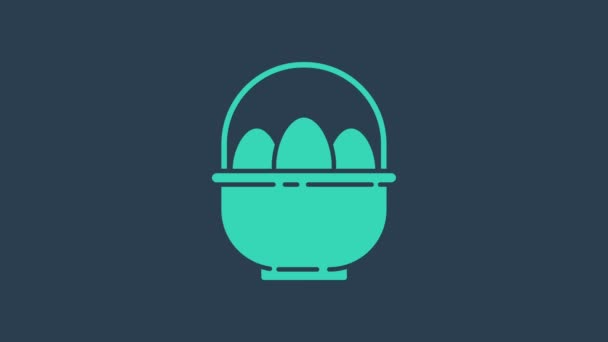 Turquoise Basket with easter eggs icon isolated on blue background. Happy Easter. 4K Video motion graphic animation — Stock Video