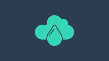 Mavi zemin üzerinde yağmur ikonu olan turkuaz bulut. Yağmur damlaları ile yağmur bulutu yağışı. 4K Video hareketli grafik canlandırması