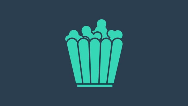 Popcorn turchese in icona scatola di cartone isolato su sfondo blu. Secchiello per popcorn. Animazione grafica 4K Video motion — Video Stock
