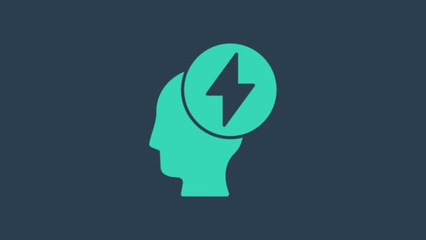 Icône tête humaine turquoise et symbole électrique isolé sur fond bleu. Animation graphique de mouvement vidéo 4K — Video