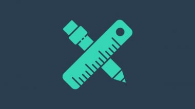 Turkuaz Çapraz cetvel ve kalem simgesi mavi arkaplanda izole edilmiş. Düz sembol. Çizim ve eğitim araçları. 4K Video hareketli grafik canlandırması