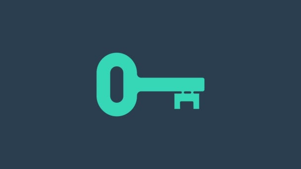 Бирюзовый значок старого ключа выделен на синем фоне. Видеографическая анимация 4K — стоковое видео