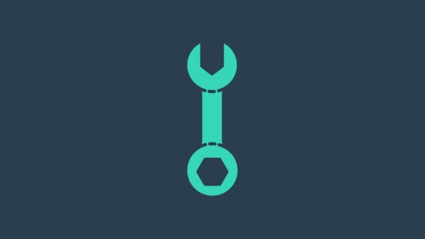 Turquoise Wrench spanner icon isolated on blue background. 4K Video motion graphic animation — Stock Video