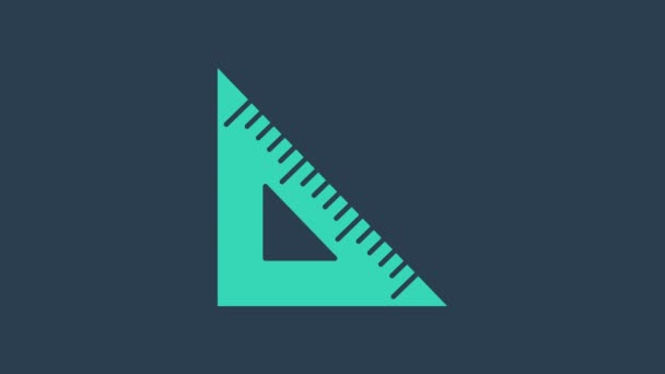 Иконка бирюзовой треугольной линейки выделена на синем фоне. Символ прямолинейности. Геометрический символ. Видеографическая анимация 4K — стоковое видео