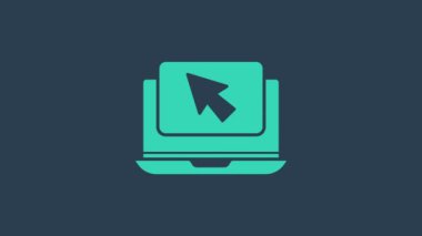 Mavi arkaplanda turkuaz dizüstü bilgisayar ve imleç simgesi izole edildi. Boş ekran işaretli bilgisayar defteri. 4K Video hareketli grafik canlandırması