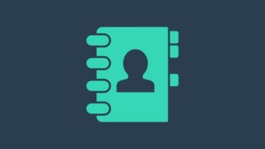 Mavi arkaplanda turkuaz adres defteri simgesi izole edildi. Not defteri, adres, bağlantı, rehber, telefon, telefon rehberi simgesi. 4K Video hareketli grafik canlandırması