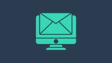 Turkuaz monitör ve zarf, yeni mesaj, mavi arkaplanda posta simgesi izole edildi. E-posta bültenleri, başlıklar, blog yazıları için kullanım. 4K Video hareketli grafik canlandırması