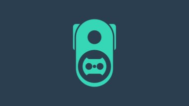 Turkuaz elektrik çıkış simgesi mavi arkaplanda izole edildi. Elektrik prizi. Rosette sembolü. 4K Video hareketli grafik canlandırması