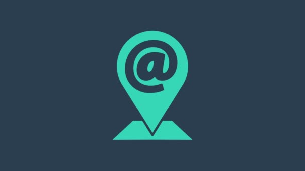 Turkoois Locatie en e-mail pictogram geïsoleerd op blauwe achtergrond. Envelop symbool e-mail. E-mailbericht teken. 4K Video motion grafische animatie — Stockvideo