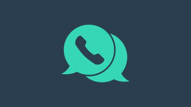 Turquoise Telephone with speech bubble chat icon isolated on blue background. Support customer service, hotline, call center, faq. 4K Video motion graphic animation — Stock Video