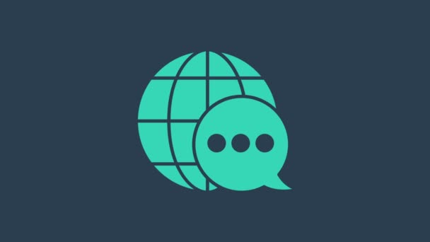 绿松石世界地图由蓝色背景上孤立的语音泡沫图标制成。全球地球通信计划。4K视频运动图形动画 — 图库视频影像