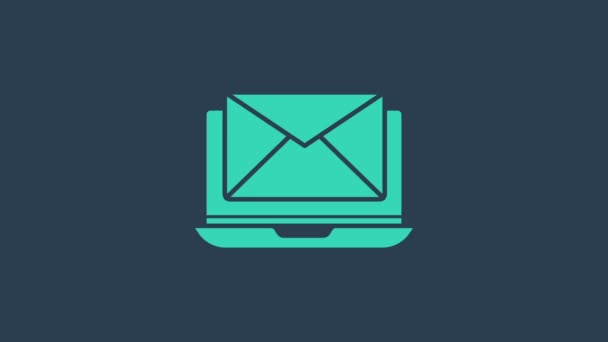 Turkoois Laptop met enveloppe en open e-mail op het scherm pictogram geïsoleerd op blauwe achtergrond. E-mail marketing, internet reclame concepten. 4K Video motion grafische animatie — Stockvideo
