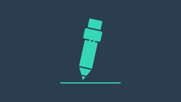 Lápiz turquesa con icono de borrador aislado sobre fondo azul. Dibujo y herramientas educativas. Símbolo escolar. Animación gráfica de vídeo 4K — Vídeo de stock