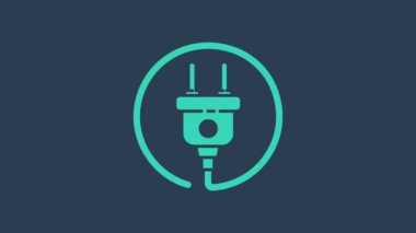 Turkuaz elektrik prizi simgesi mavi arkaplanda izole edildi. Bağlantı kavramı ve elektriğin kesilmesi. 4K Video hareketli grafik canlandırması